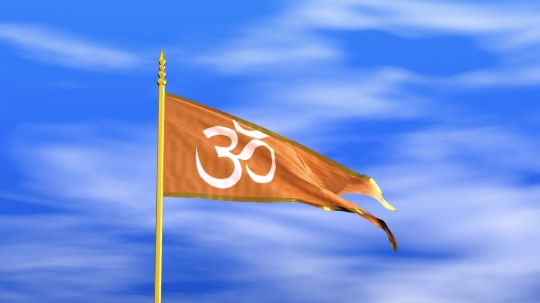 Waving Religious Hindu Om Flag during Daylight and beautiful sky - 3D Illustration Render