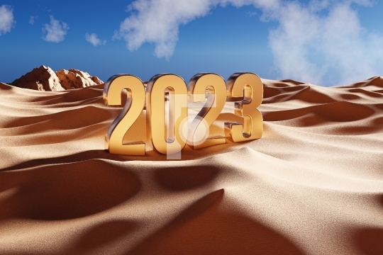 2023 Golden Metal Text in the Desert - 3D Illustration Render