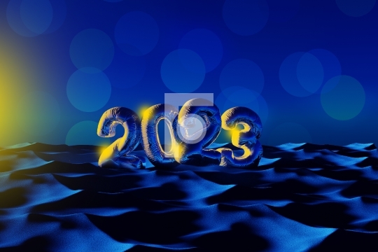 2023 Happy New Year Foil Balloon on Blue Desert Sand - 3D Illust