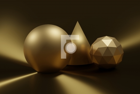 Abstract 3D Geometric Shapes in Gold Sphere, Cone and ico sphere