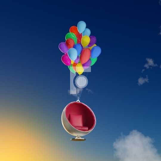 Ball Chair Flying In the Air with Balloons - 3D Illustrat
