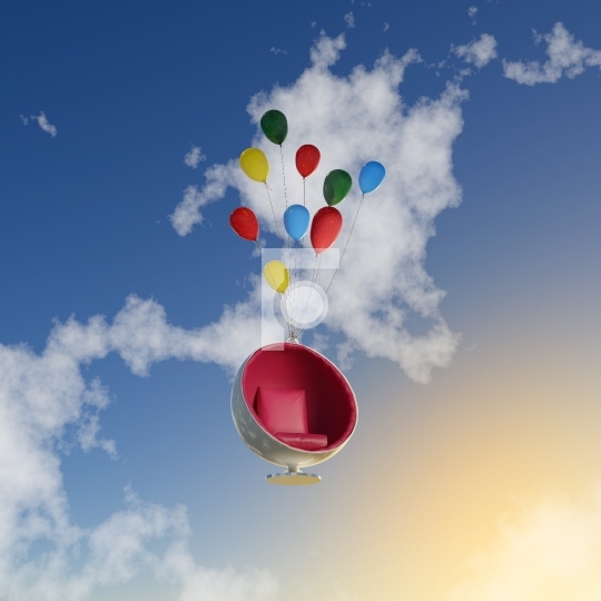 Ball Chair Flying In the Air with Balloons - 3D Illustration
