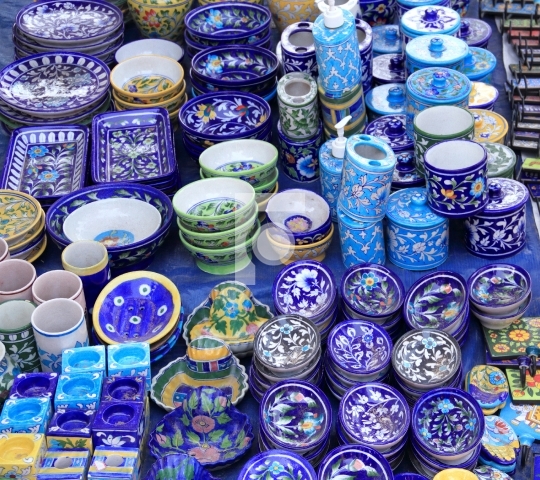 Beautiful Indian Blue Ceramic Items on Display for Sale