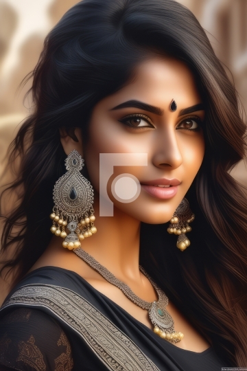 Beautiful Indian Girl in Black Dress and Large Earrings - AI Gen