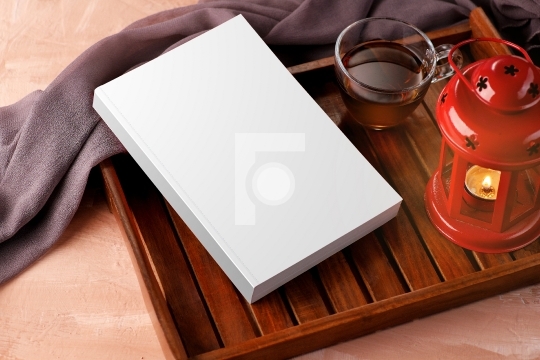 Blank White Book with Tea and Lamp for Mockups