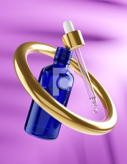 Blue Dropper Serum Bottle Mockup with Droplets - 3D Illustration