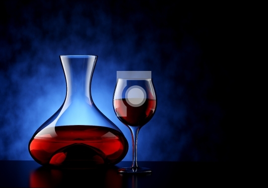 Carafe and Red Wine Glass with Textured Blue Background - 3D Ill