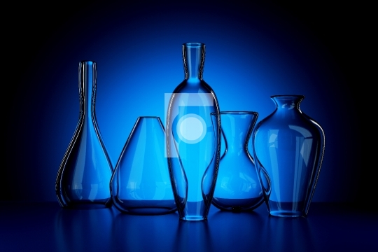 Empty glass vases realistic 3d illustration on blue background