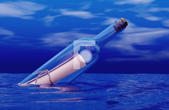Glass Bottle with a Letter Message inside it in the Sea Ocean - 