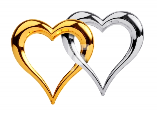 Golden and silver heart isolated on white background