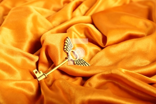 Golden Antique Key with Wings on a Golden satin Background