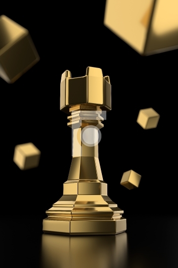 Golden Chess Rook Piece on Black Background with Cubes - 3D Illu