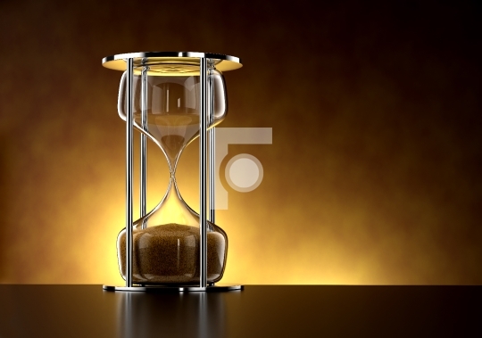 Hourglass on reflective Black floor, Sandglass 3d illustration