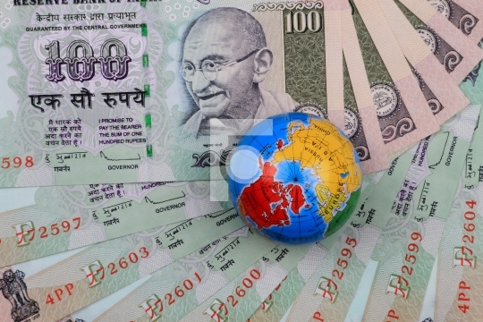 Indian Currency Notes Rupees with a Globe on it