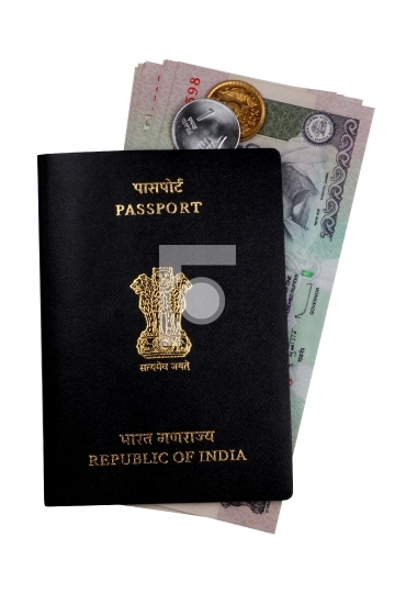 Indian Currency Rupee Notes, Coins and Passport