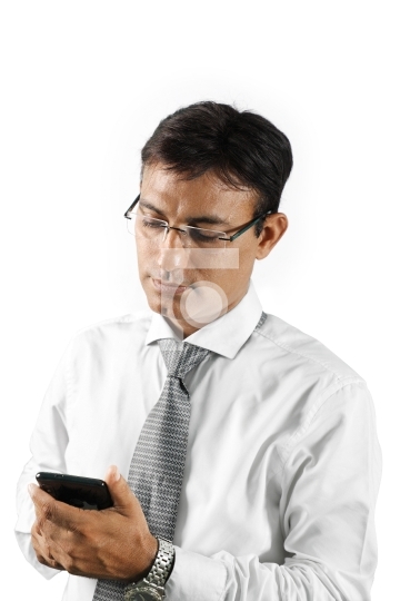 Indian Employee Working on Smartphone isolated on white