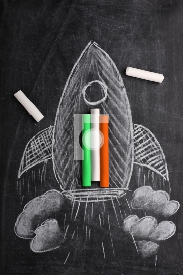 Indian Flag Colors and Rocket on a Black Board with Chalks