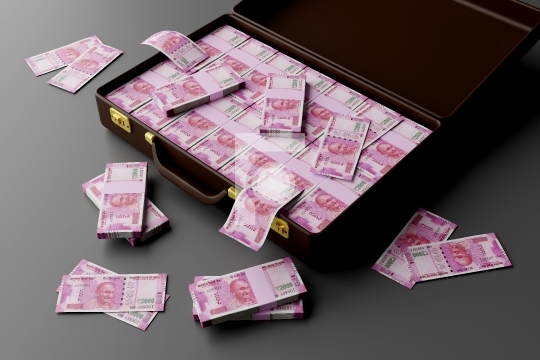 Indian Money Rupee 2000 Currency Notes in a Briefcase - 3D Illus