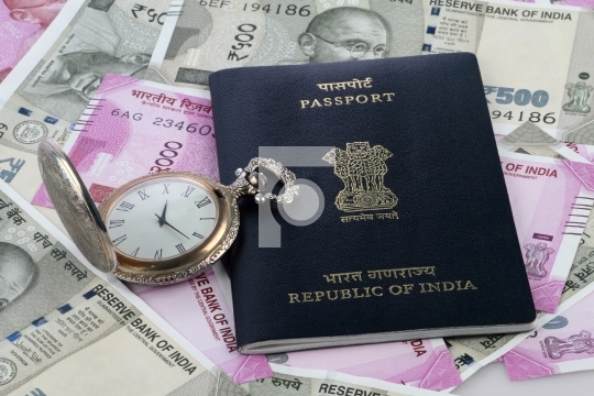 Indian Passport, New Rupee Currency and Antique Watch