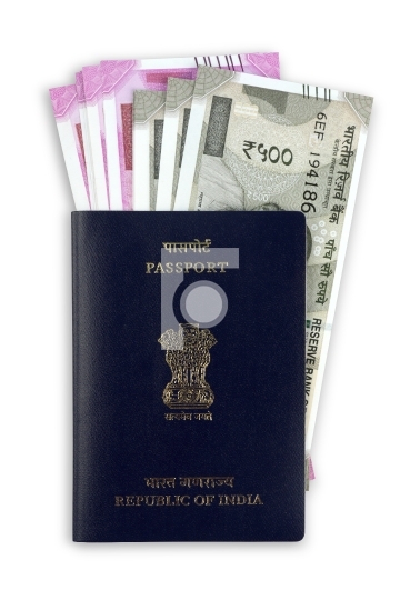 Indian Passport with New Rupee Currency Notes