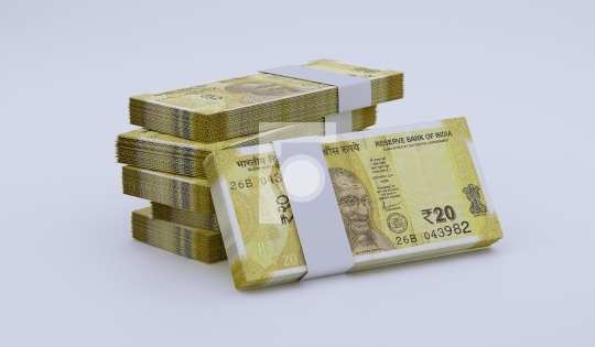 Indian Rupee 20 INR Currency Note Bundles - 3D Illustration