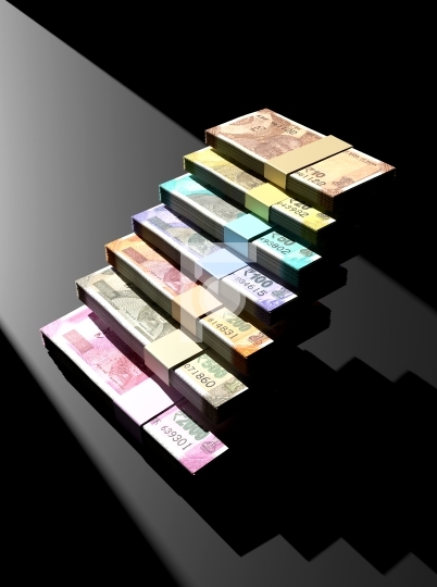 Indian Rupee Currency Note Bundles in Shape of Ladder Stairs wit