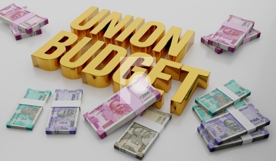 Indian Union Budget Concept with INR Rupee Notes - 3D Illustrati