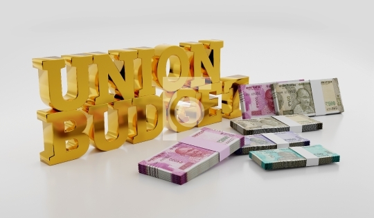 Indian Union Budget Concept with INR Rupee Notes - 3D Illustrati