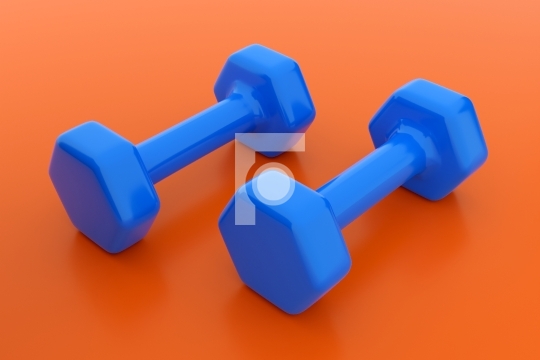 Metal and Rubber Blue Dumbbell Pair Gym Equipment on Orange Back