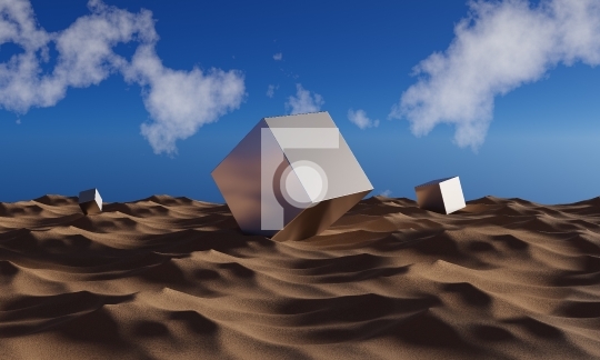 Metal Cube in Desert - Abstract Futuristic 3D Illustration Rende