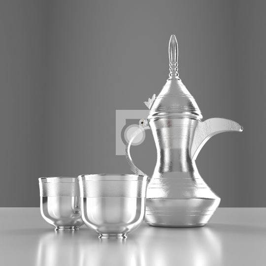 Middle Eastern Arabic Coffee Silver Dallah Pot with Cups A symbo