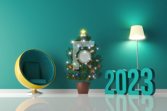 Modern Living Room with Christmas Tree and 2023 Year - 3D Illust