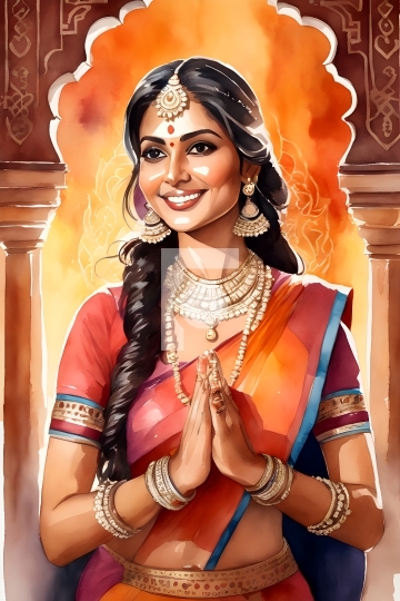 Namaskar Painting of Beautiful Indian Woman - Digital Art