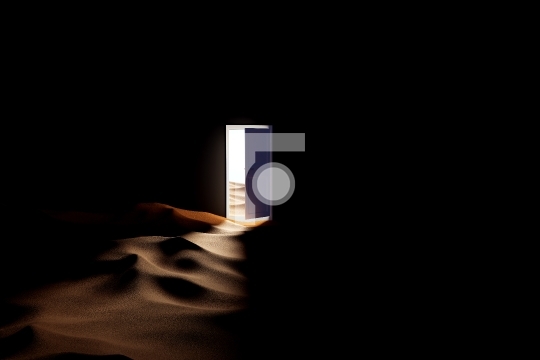 Open Door And Light Leading to Desert - Minimal concept. 3d Illu
