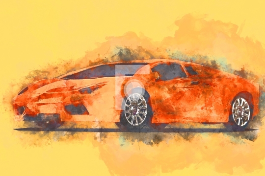 Orange Sports Car Digital Painting Stock Photo