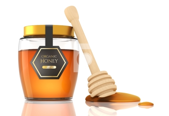 Organic Honey Jar with a Wooden Honey Dipper on White Background