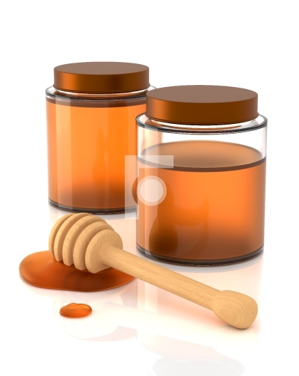 Organic Honey Jars with a Wooden Honey Dipper on White Backgroun