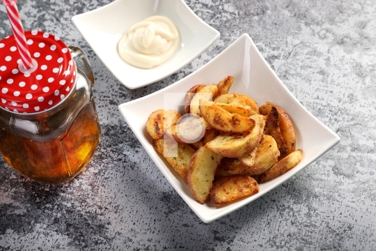 Potato Wedges with Apple Juice / Cold Drink and Mayonnaise Sauce
