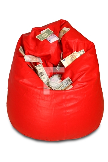 Red colored bean bag with assorted currency notes