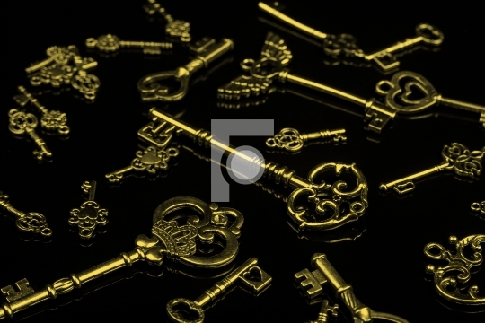 Set of Antique Golden Keys on Black Background