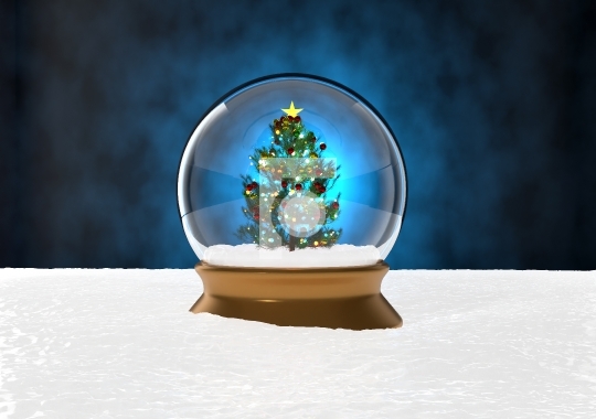 Snow Globe Christmas Magic Ball with Xmas Tree on Blue Backgroun
