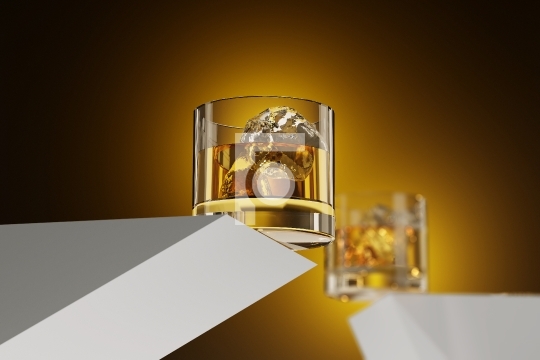 Two Whiskey Glasses with Ice Cubes - 3D Illustration