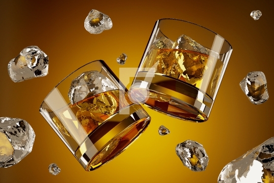 Two Whiskey Glasses with Ice Cubes Floating in the Air - 3D Illu