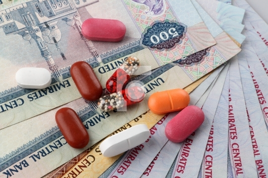 UAE Currency Dirhams and Medicine Pills