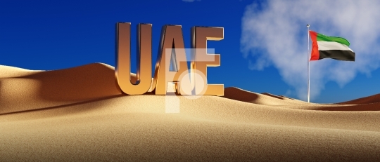 UAE in Golden 3D Letters with a National UAE Flag - 3D Illustrat
