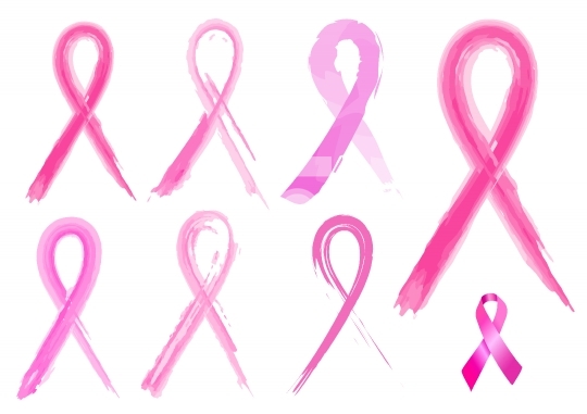 7 different breast cancer ribbons in brush strokes