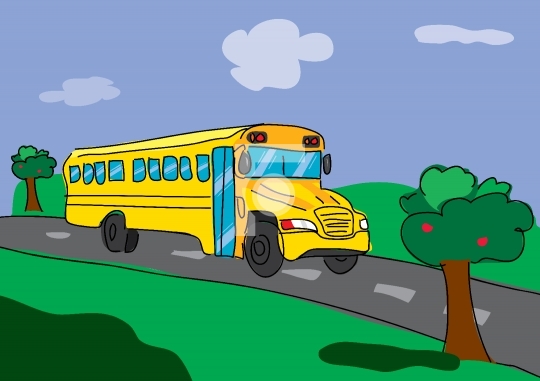 back to school bus on the road with greenery surroundings