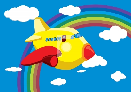 Cartoon Airplane in the Rainbow Sky - Vector Illustration
