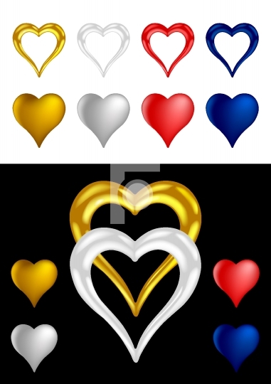 Different colored Metallic Heart Shapes - Vector Illustrations