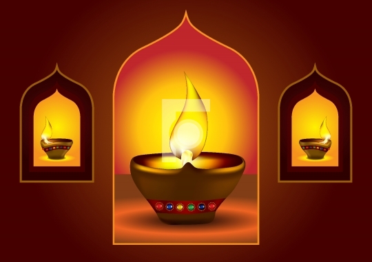 Diwali Diya on a window arch - Oil lamp vector illustration